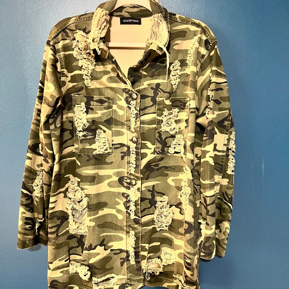 Fashion Nova Ripped Camo Jacket